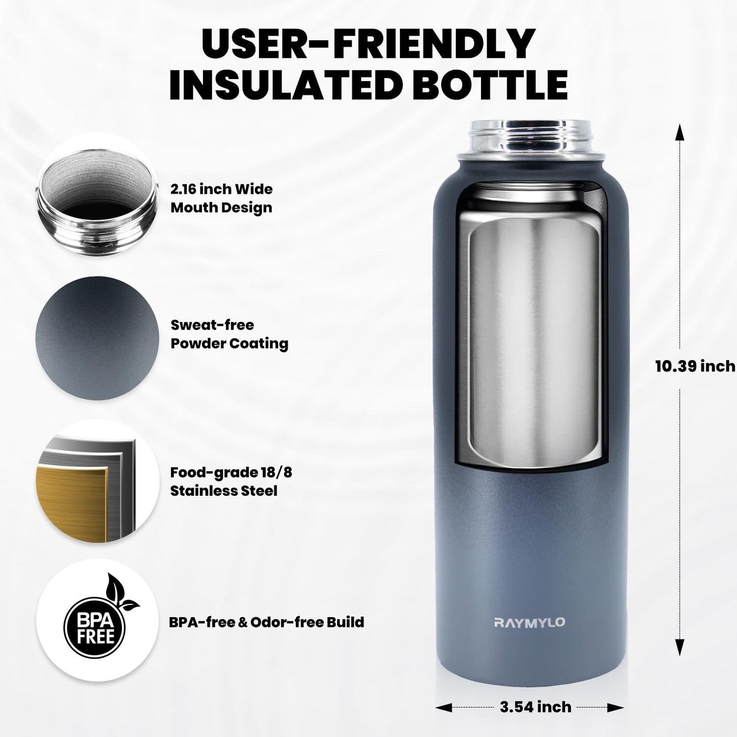 RAYMYLO Insulated Water Bottle 64 oz, Triple Wall Vacuum Stainless Steel (Cold for 48 Hrs), Leak Proof & BPA-Free, Half Gallon Water Flask Jug with Paracord Handle & Straw Spout Lids, Magic Black