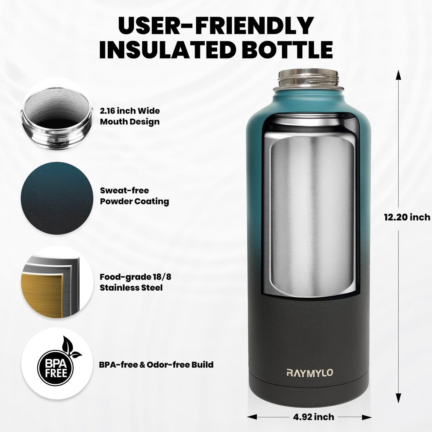 RAYMYLO Insulated Water Bottle 64 oz, Triple Wall Vacuum Stainless Steel (Cold for 48 Hrs), Leak Proof & BPA-Free, Half Gallon Water Flask Jug with Paracord Handle & Straw Spout Lids, Magic Black