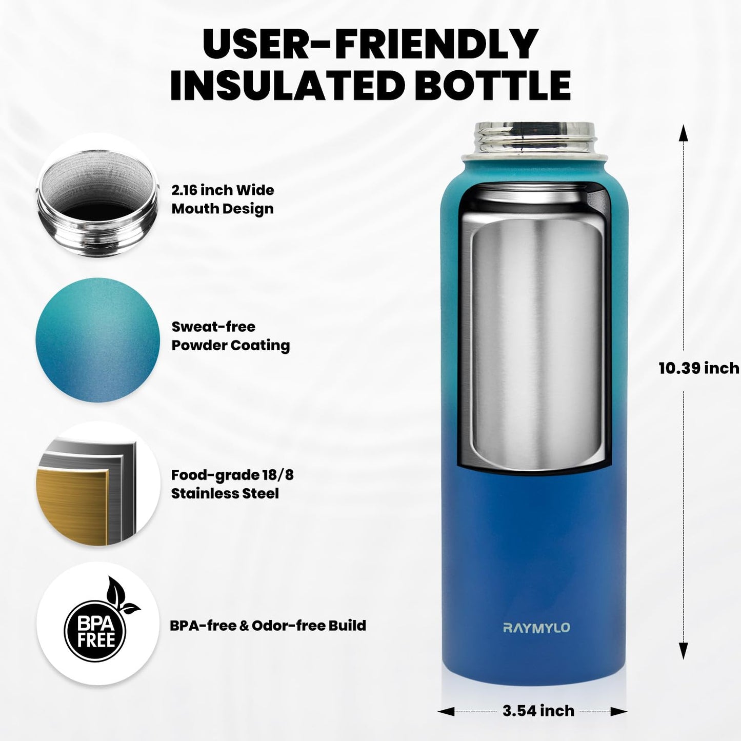 RAYMYLO Insulated Water Bottle 64 oz, Triple Wall Vacuum Stainless Steel (Cold for 48 Hrs), Leak Proof & BPA-Free, Half Gallon Water Flask Jug with Paracord Handle & Straw Spout Lids, Magic Black