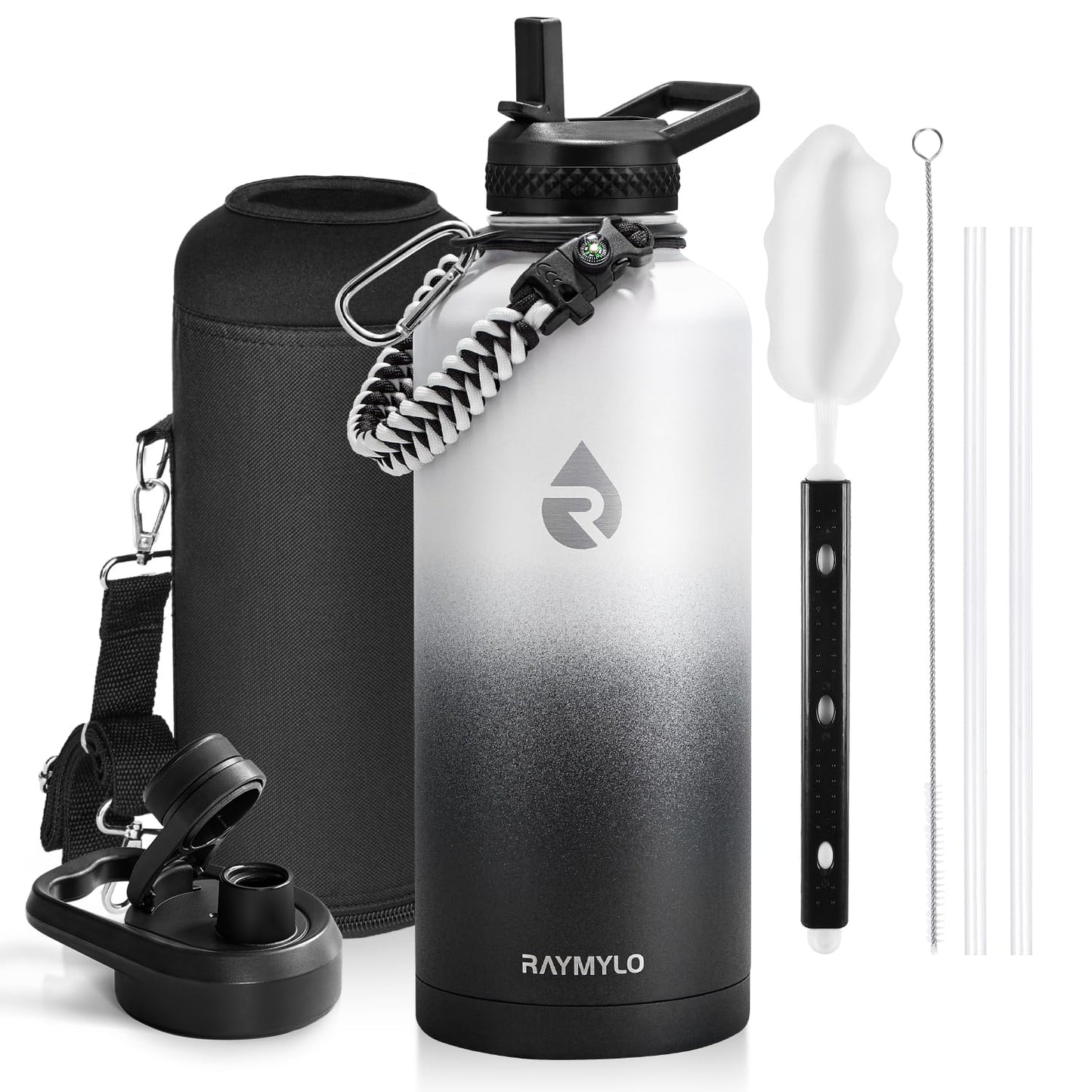 RAYMYLO Insulated Water Bottle 64 oz, Triple Wall Vacuum Stainless Steel (Cold for 48 Hrs), Leak Proof & BPA-Free, Half Gallon Water Flask Jug with Paracord Handle & Straw Spout Lids, Magic Black