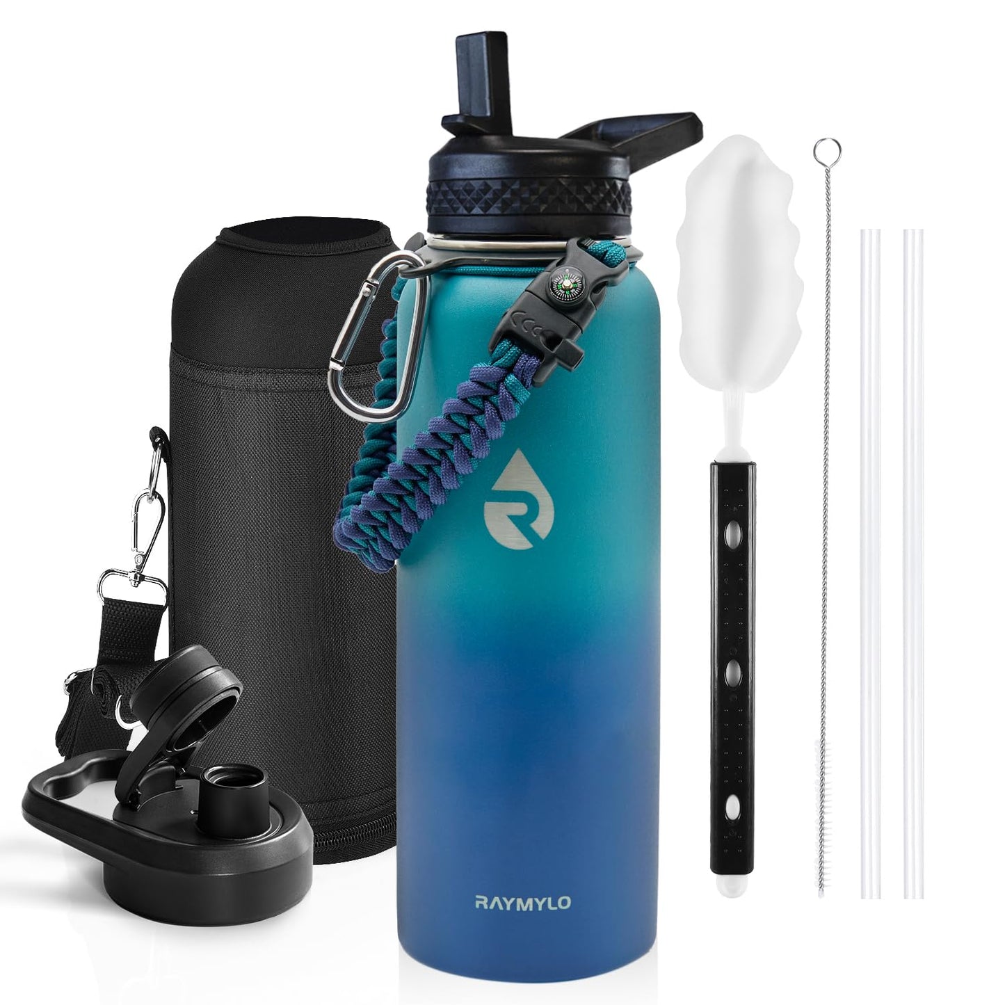 RAYMYLO Insulated Water Bottle 64 oz, Triple Wall Vacuum Stainless Steel (Cold for 48 Hrs), Leak Proof & BPA-Free, Half Gallon Water Flask Jug with Paracord Handle & Straw Spout Lids, Magic Black