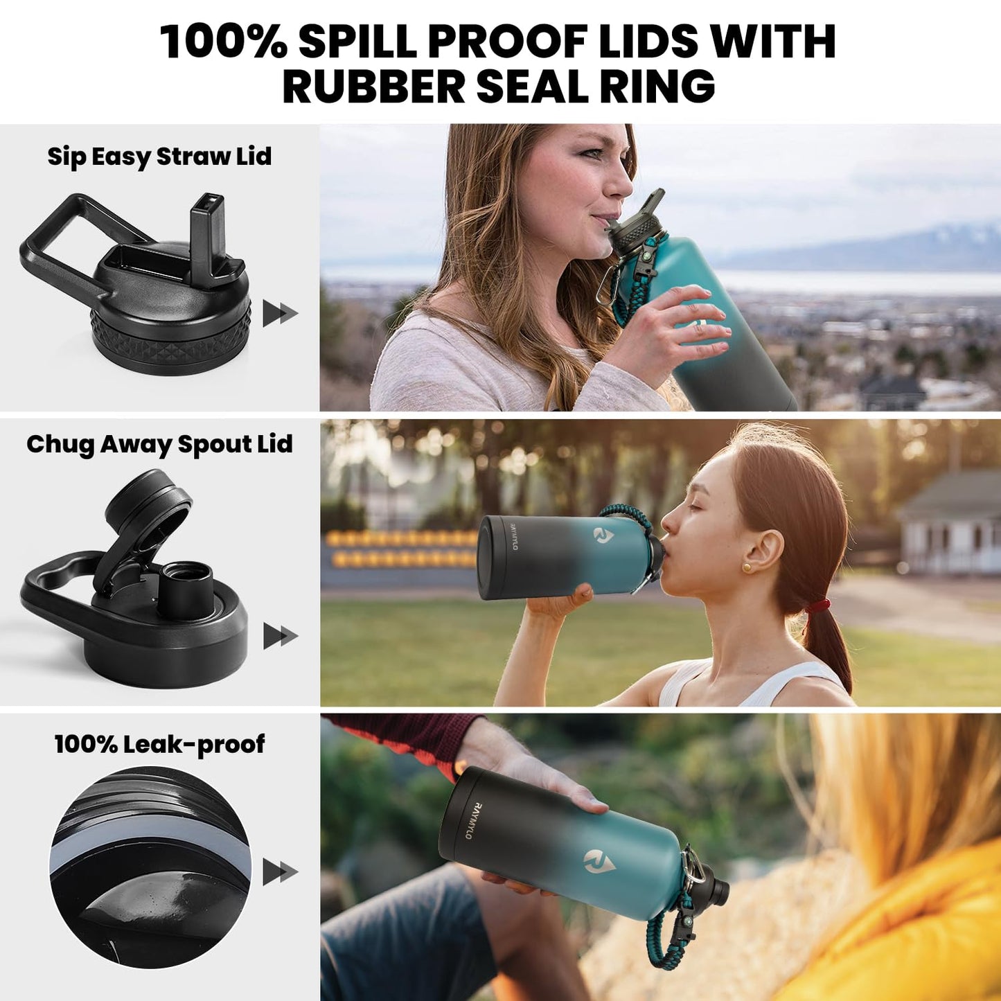 RAYMYLO Insulated Water Bottle 64 oz, Triple Wall Vacuum Stainless Steel (Cold for 48 Hrs), Leak Proof & BPA-Free, Half Gallon Water Flask Jug with Paracord Handle & Straw Spout Lids, Magic Black