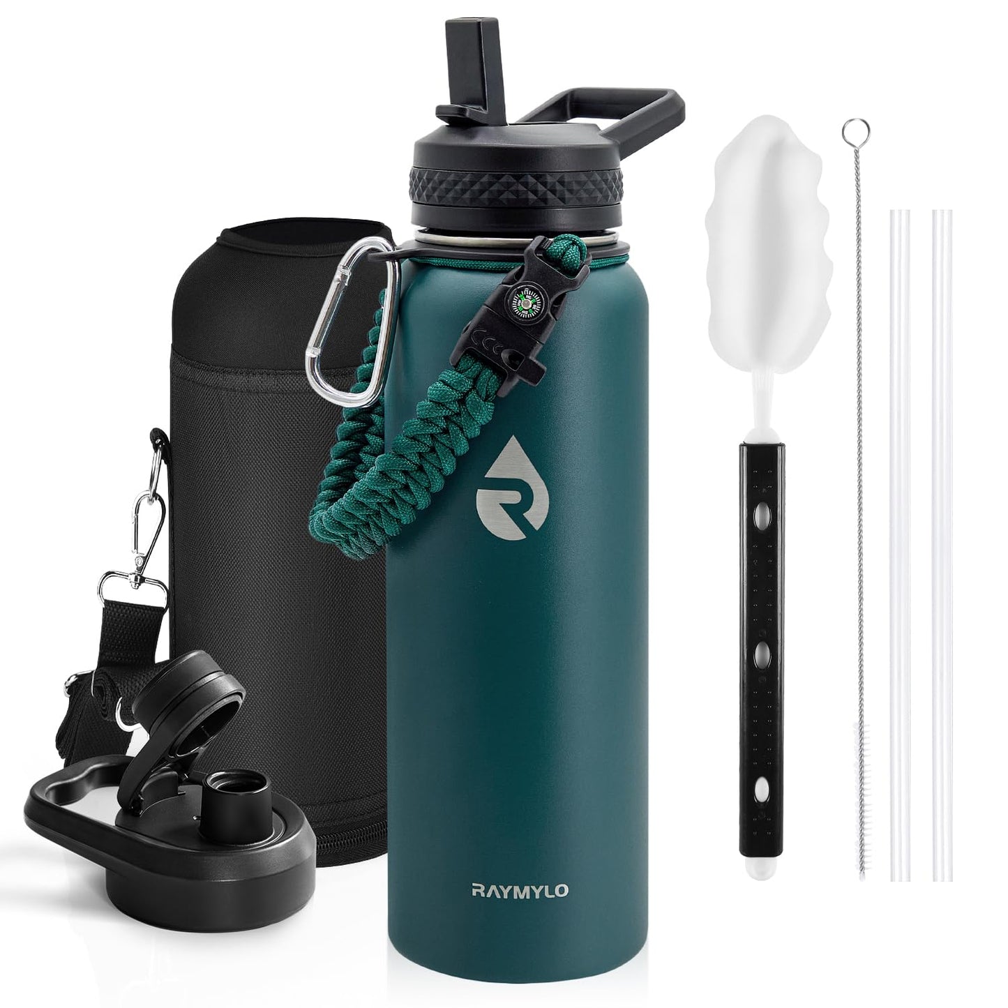 RAYMYLO Insulated Water Bottle 64 oz, Triple Wall Vacuum Stainless Steel (Cold for 48 Hrs), Leak Proof & BPA-Free, Half Gallon Water Flask Jug with Paracord Handle & Straw Spout Lids, Magic Black