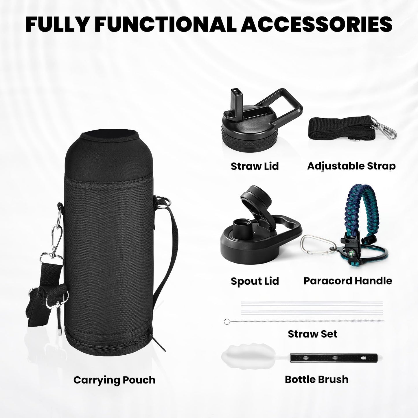 RAYMYLO Insulated Water Bottle 64 oz, Triple Wall Vacuum Stainless Steel (Cold for 48 Hrs), Leak Proof & BPA-Free, Half Gallon Water Flask Jug with Paracord Handle & Straw Spout Lids, Magic Black