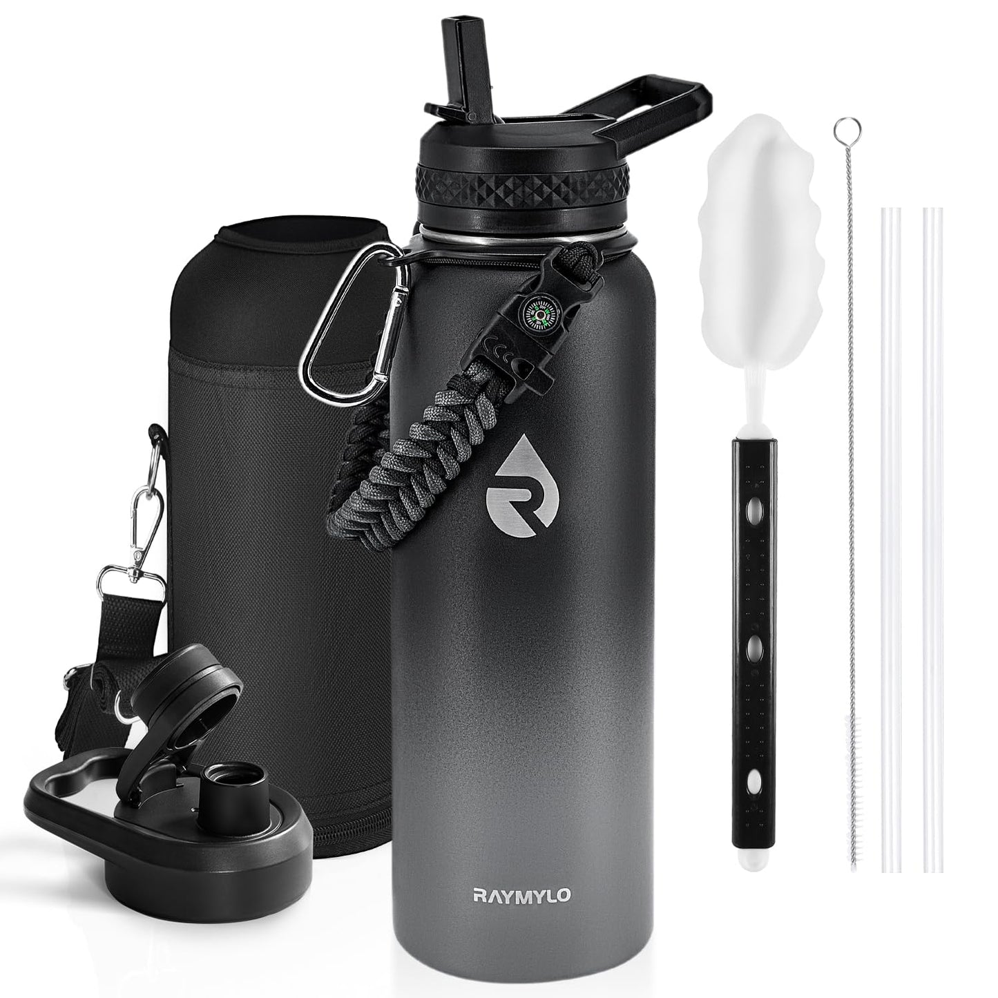 RAYMYLO Insulated Water Bottle 64 oz, Triple Wall Vacuum Stainless Steel (Cold for 48 Hrs), Leak Proof & BPA-Free, Half Gallon Water Flask Jug with Paracord Handle & Straw Spout Lids, Magic Black