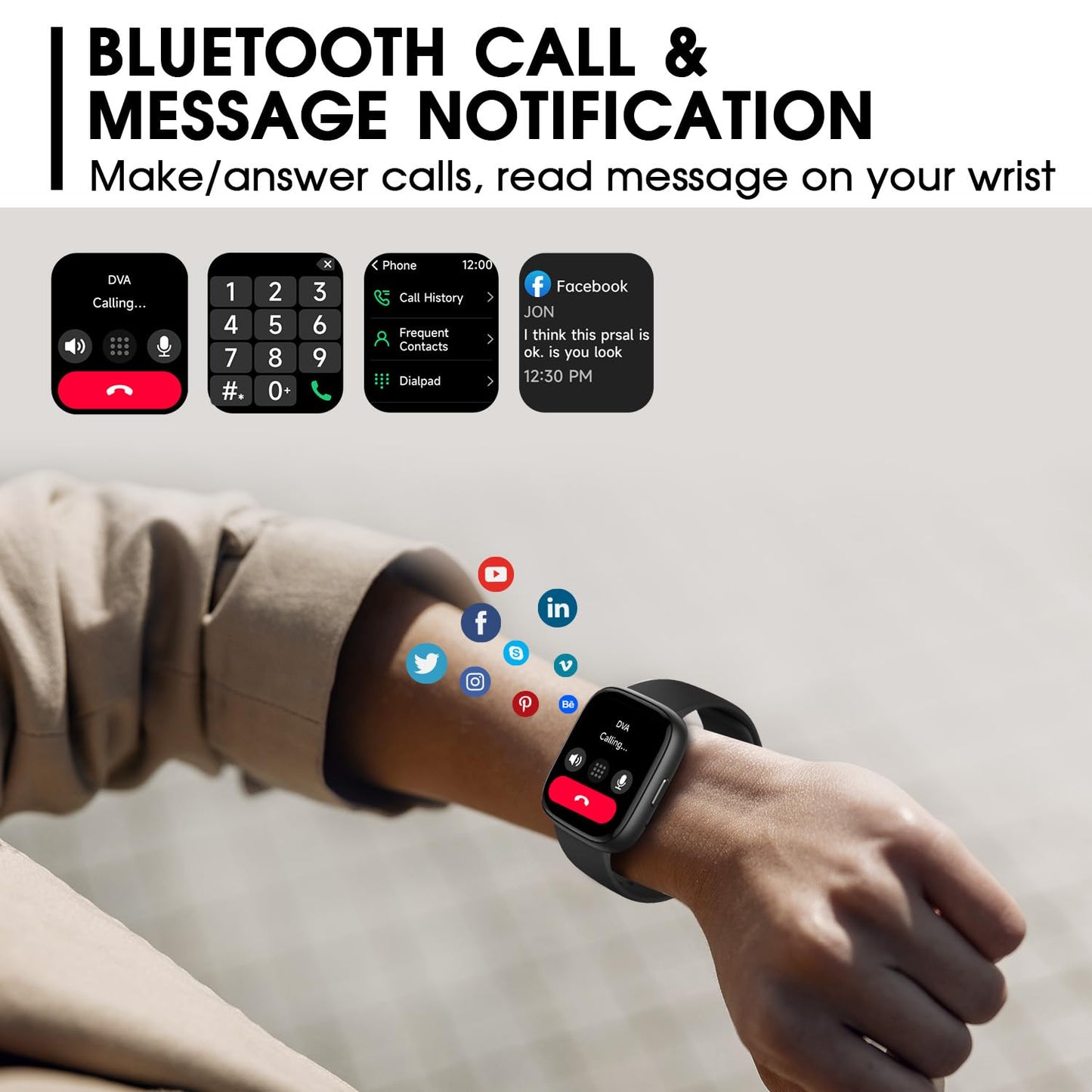 Smart watch on wrist displaying call interface for Bluetooth calling