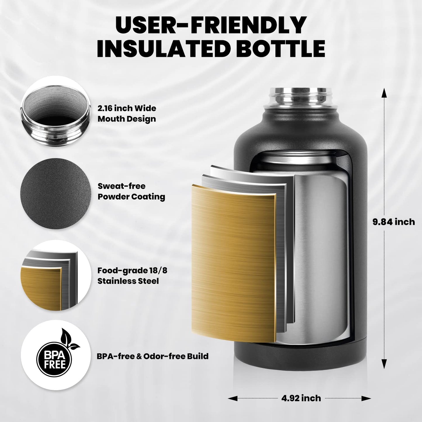 RAYMYLO Insulated Water Bottle 64 oz, Triple Wall Vacuum Stainless Steel (Cold for 48 Hrs), Leak Proof & BPA-Free, Half Gallon Water Flask Jug with Paracord Handle & Straw Spout Lids, Magic Black