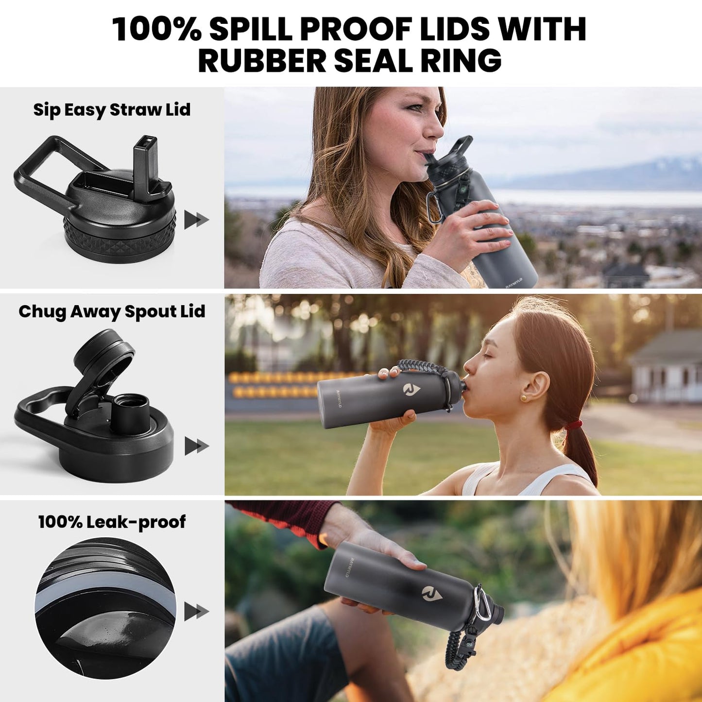 RAYMYLO Insulated Water Bottle 64 oz, Triple Wall Vacuum Stainless Steel (Cold for 48 Hrs), Leak Proof & BPA-Free, Half Gallon Water Flask Jug with Paracord Handle & Straw Spout Lids, Magic Black