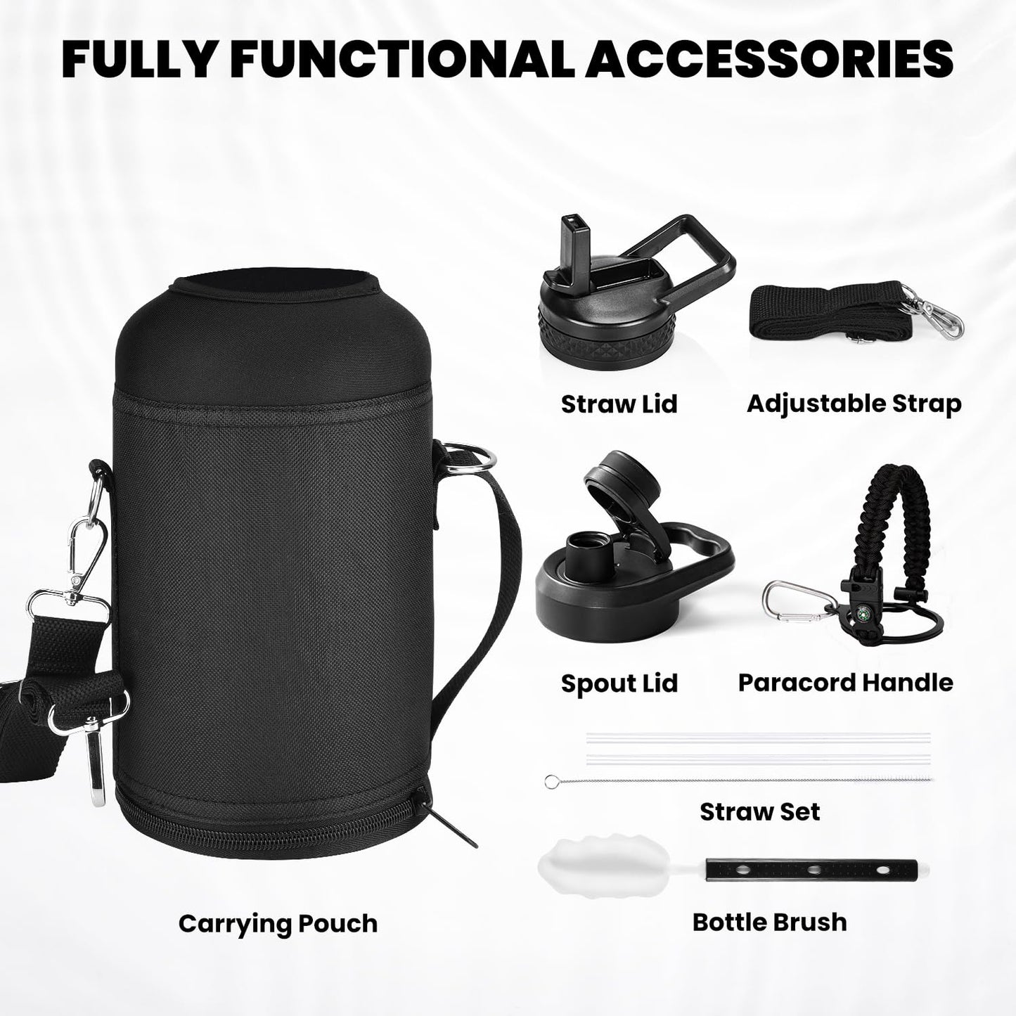 RAYMYLO Insulated Water Bottle 64 oz, Triple Wall Vacuum Stainless Steel (Cold for 48 Hrs), Leak Proof & BPA-Free, Half Gallon Water Flask Jug with Paracord Handle & Straw Spout Lids, Magic Black