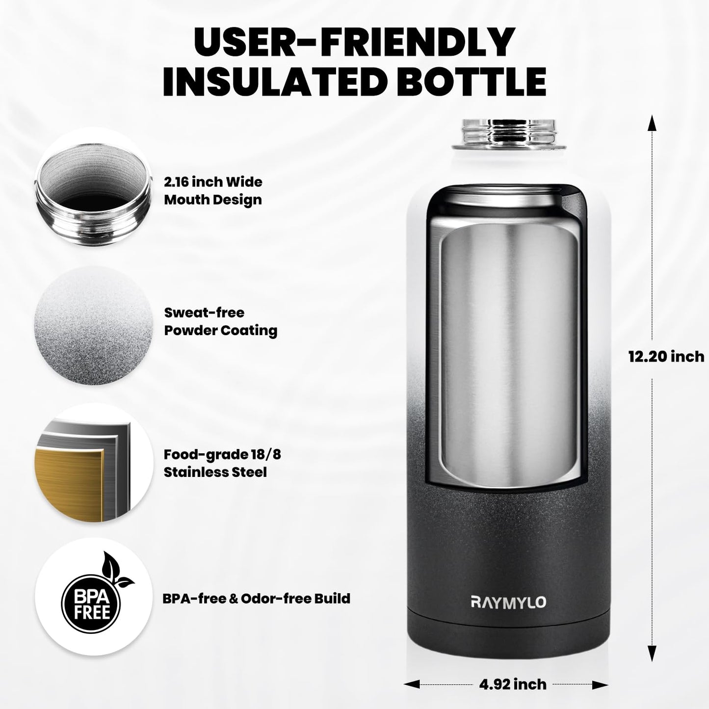 RAYMYLO Insulated Water Bottle 64 oz, Triple Wall Vacuum Stainless Steel (Cold for 48 Hrs), Leak Proof & BPA-Free, Half Gallon Water Flask Jug with Paracord Handle & Straw Spout Lids, Magic Black