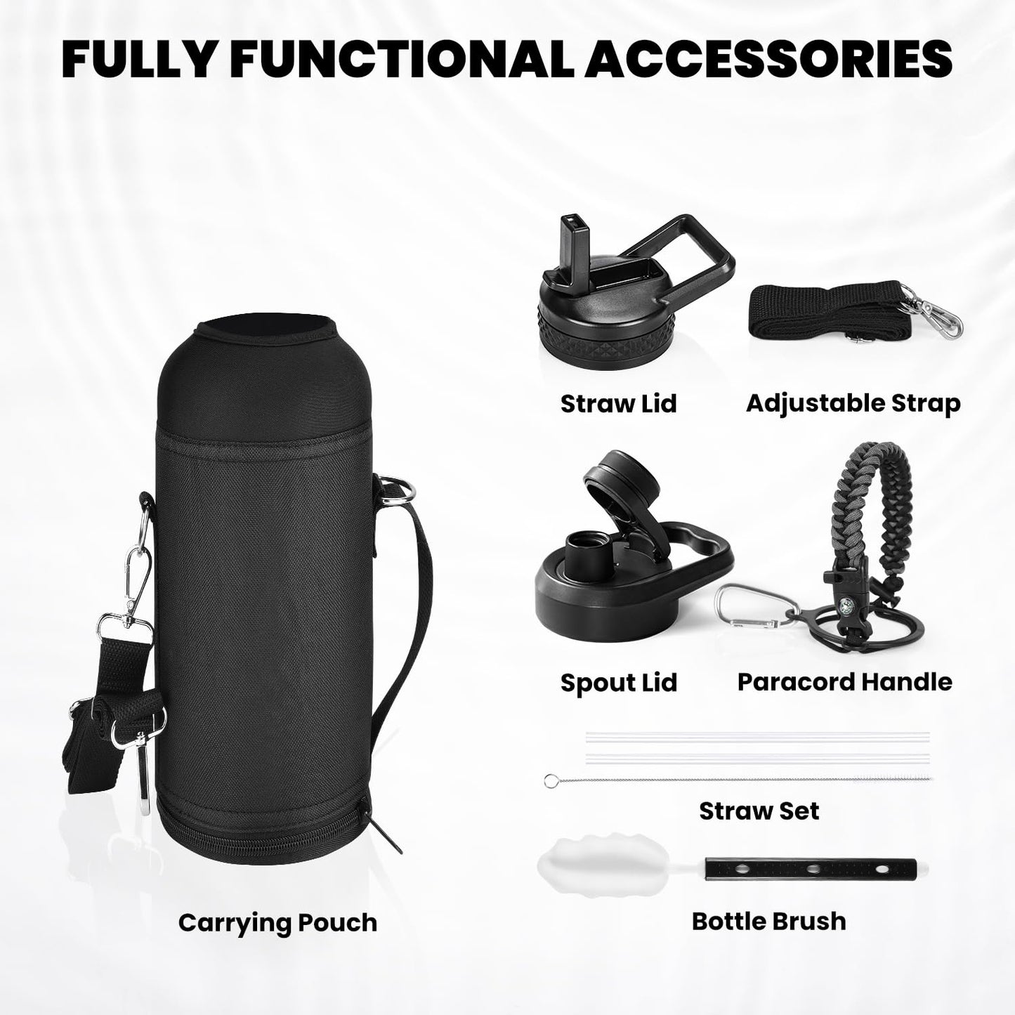 RAYMYLO Insulated Water Bottle 64 oz, Triple Wall Vacuum Stainless Steel (Cold for 48 Hrs), Leak Proof & BPA-Free, Half Gallon Water Flask Jug with Paracord Handle & Straw Spout Lids, Magic Black