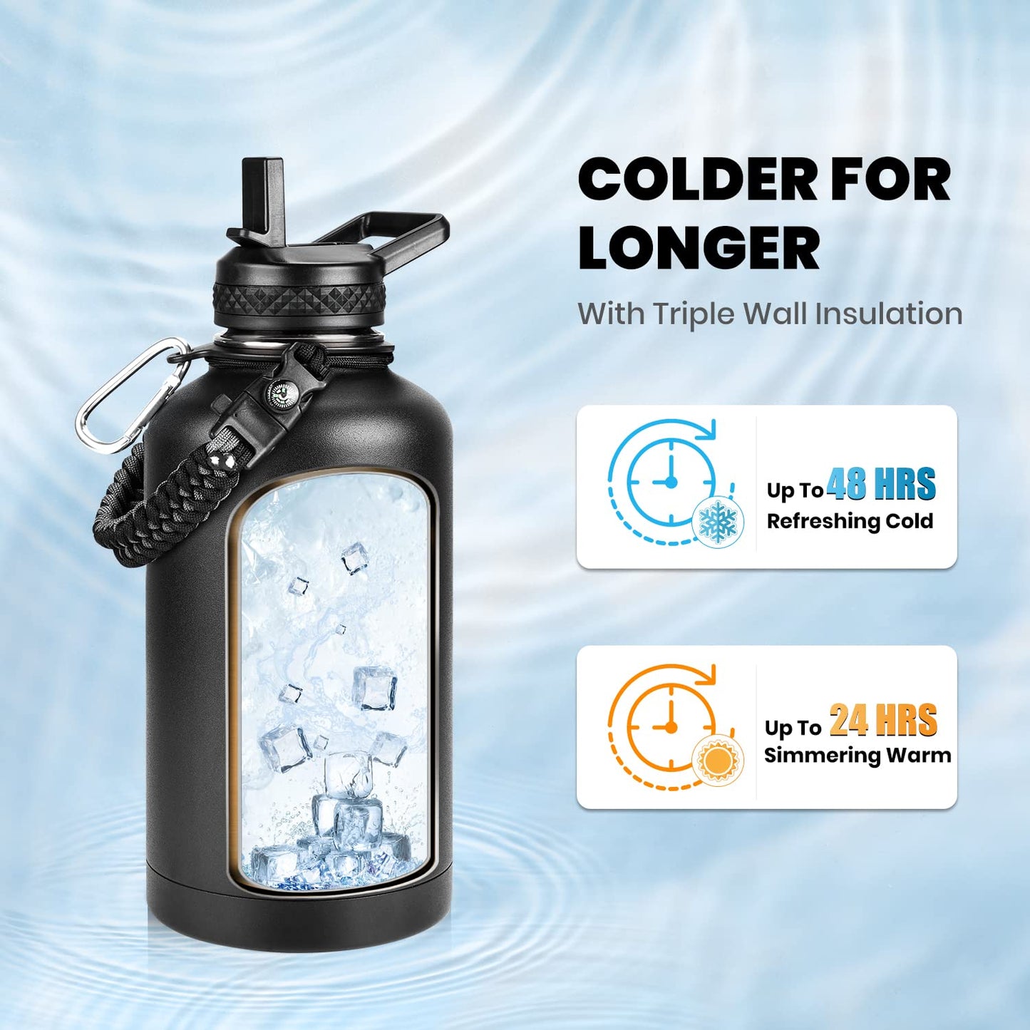 RAYMYLO Insulated Water Bottle 64 oz, Triple Wall Vacuum Stainless Steel (Cold for 48 Hrs), Leak Proof & BPA-Free, Half Gallon Water Flask Jug with Paracord Handle & Straw Spout Lids, Magic Black