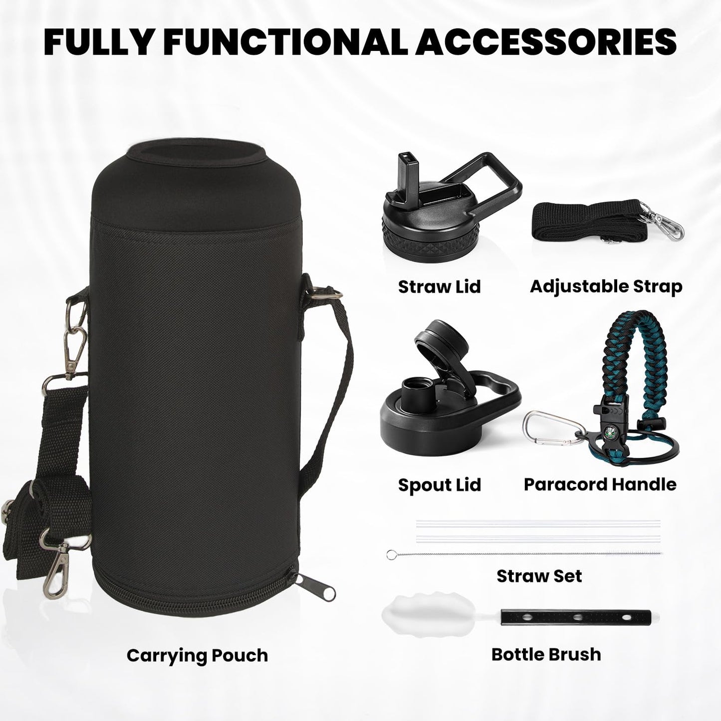 RAYMYLO Insulated Water Bottle 64 oz, Triple Wall Vacuum Stainless Steel (Cold for 48 Hrs), Leak Proof & BPA-Free, Half Gallon Water Flask Jug with Paracord Handle & Straw Spout Lids, Magic Black