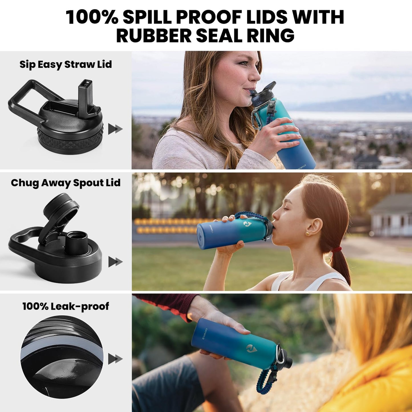 RAYMYLO Insulated Water Bottle 64 oz, Triple Wall Vacuum Stainless Steel (Cold for 48 Hrs), Leak Proof & BPA-Free, Half Gallon Water Flask Jug with Paracord Handle & Straw Spout Lids, Magic Black