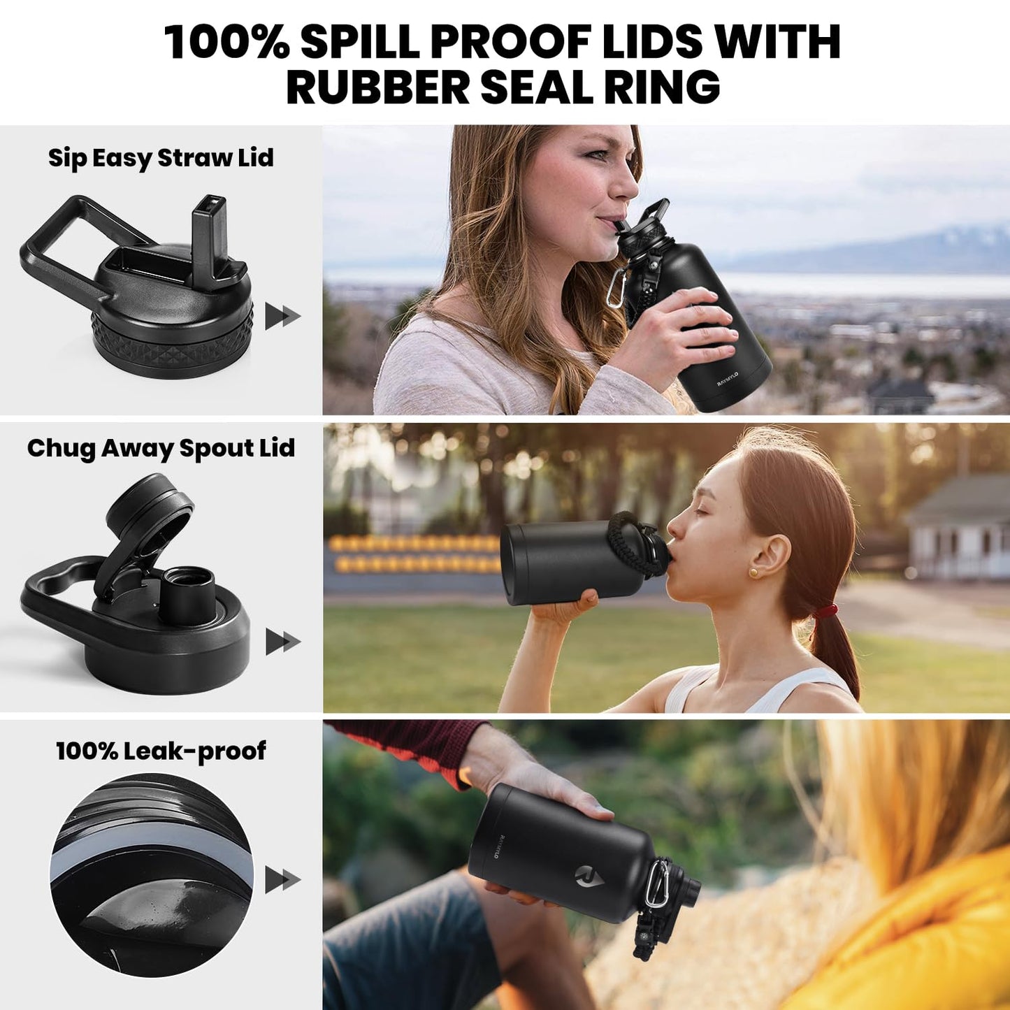 RAYMYLO Insulated Water Bottle 64 oz, Triple Wall Vacuum Stainless Steel (Cold for 48 Hrs), Leak Proof & BPA-Free, Half Gallon Water Flask Jug with Paracord Handle & Straw Spout Lids, Magic Black