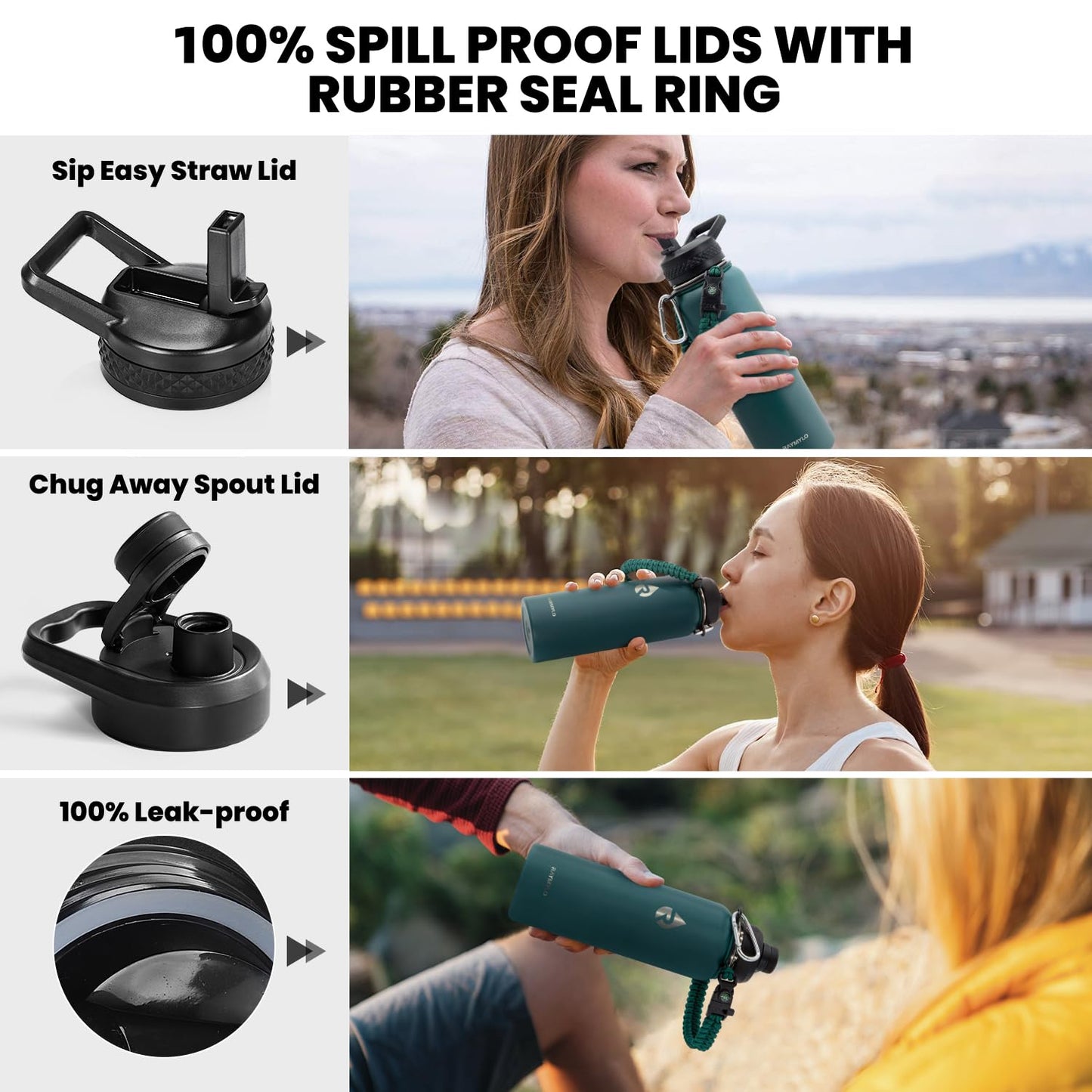 RAYMYLO Insulated Water Bottle 64 oz, Triple Wall Vacuum Stainless Steel (Cold for 48 Hrs), Leak Proof & BPA-Free, Half Gallon Water Flask Jug with Paracord Handle & Straw Spout Lids, Magic Black