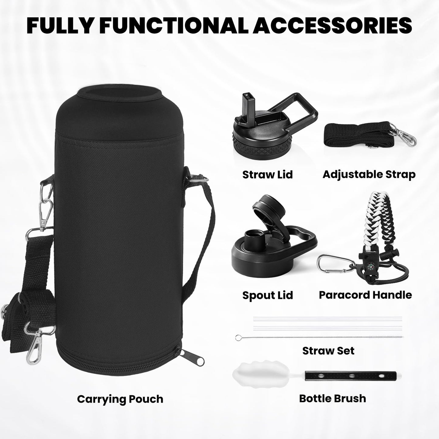 RAYMYLO Insulated Water Bottle 64 oz, Triple Wall Vacuum Stainless Steel (Cold for 48 Hrs), Leak Proof & BPA-Free, Half Gallon Water Flask Jug with Paracord Handle & Straw Spout Lids, Magic Black