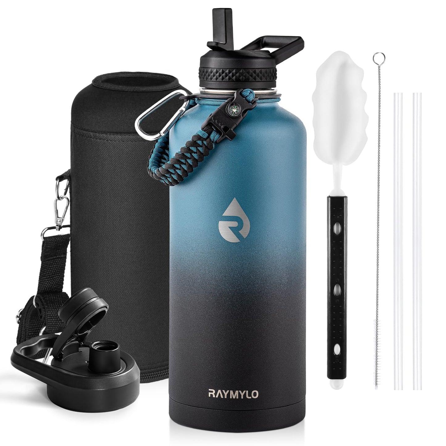 RAYMYLO Insulated Water Bottle 64 oz, Triple Wall Vacuum Stainless Steel (Cold for 48 Hrs), Leak Proof & BPA-Free, Half Gallon Water Flask Jug with Paracord Handle & Straw Spout Lids, Magic Black