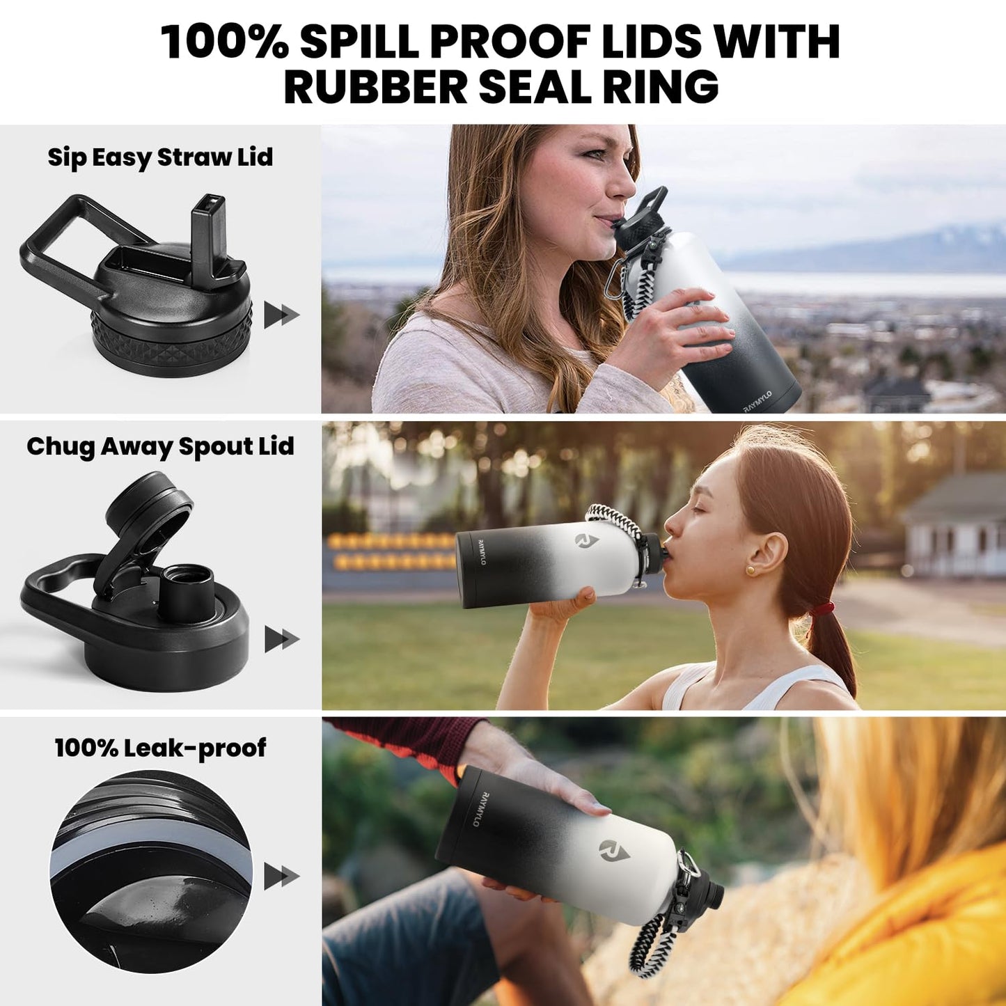 RAYMYLO Insulated Water Bottle 64 oz, Triple Wall Vacuum Stainless Steel (Cold for 48 Hrs), Leak Proof & BPA-Free, Half Gallon Water Flask Jug with Paracord Handle & Straw Spout Lids, Magic Black
