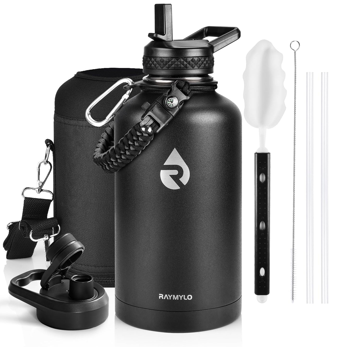 RAYMYLO Insulated Water Bottle 64 oz, Triple Wall Vacuum Stainless Steel (Cold for 48 Hrs), Leak Proof & BPA-Free, Half Gallon Water Flask Jug with Paracord Handle & Straw Spout Lids, Magic Black