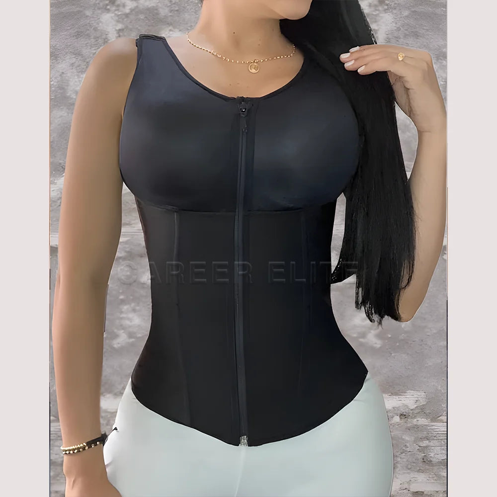 Women's waist trainer vest with adjustable zipper and hook-eye closures for body shaping