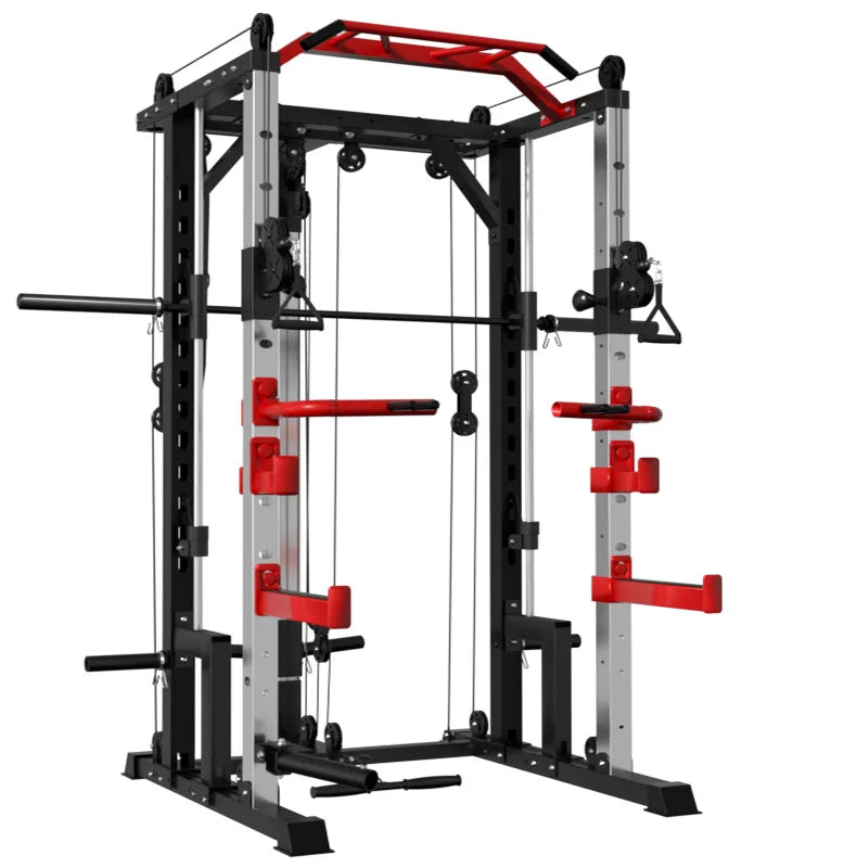 All-in-one home gym power rack for full-body workouts – features cable pulley system, pull-up bar, dip handles, J-hooks, and safety spotter arms. Perfect for muscle building, weightlifting, and space-saving home fitness setups.