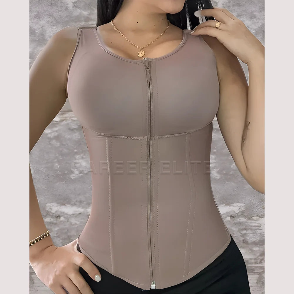 Women's waist trainer vest with adjustable zipper and hook-eye closures for body shaping