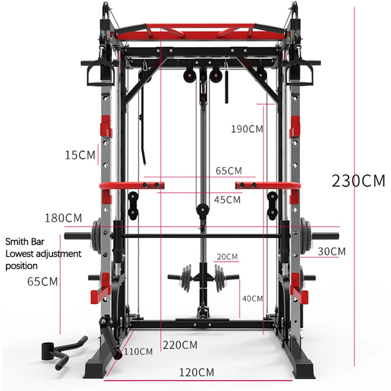 All-in-one home gym power rack with detailed dimensions – includes cable pulley system, pull-up bar, dip bars, and safety spotter arms. Ideal for planning compact home fitness spaces and full-body strength training.