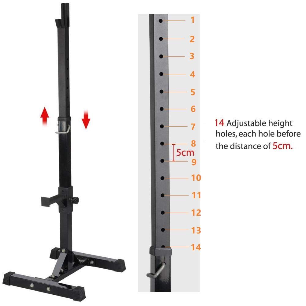 Black adjustable squat rack with height measurement scale on a white background