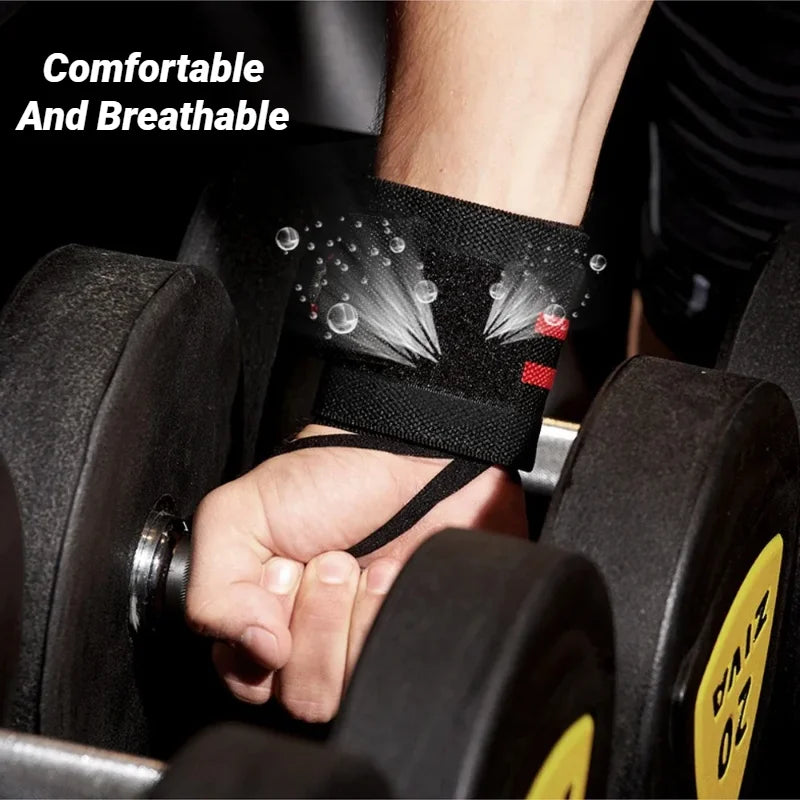 Man wearing a wrist strap grabbing a dumbbell from a rack at the gym before strength training