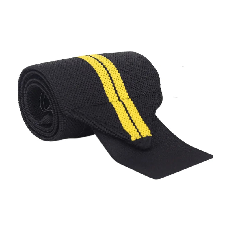 Close-up of a wrist strap featuring a distinctive yellow stripe design