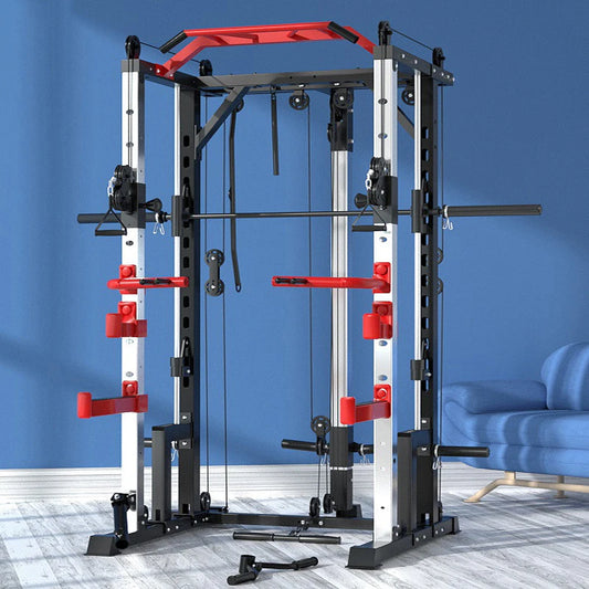 All-in-one home gym power rack for full-body workouts – features cable pulley system, pull-up bar, dip handles, J-hooks, and safety spotter arms. Perfect for muscle building, weightlifting, and space-saving home fitness setups.