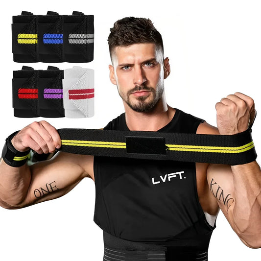 Bearded man putting on wrist strap for weightlifting and gym training