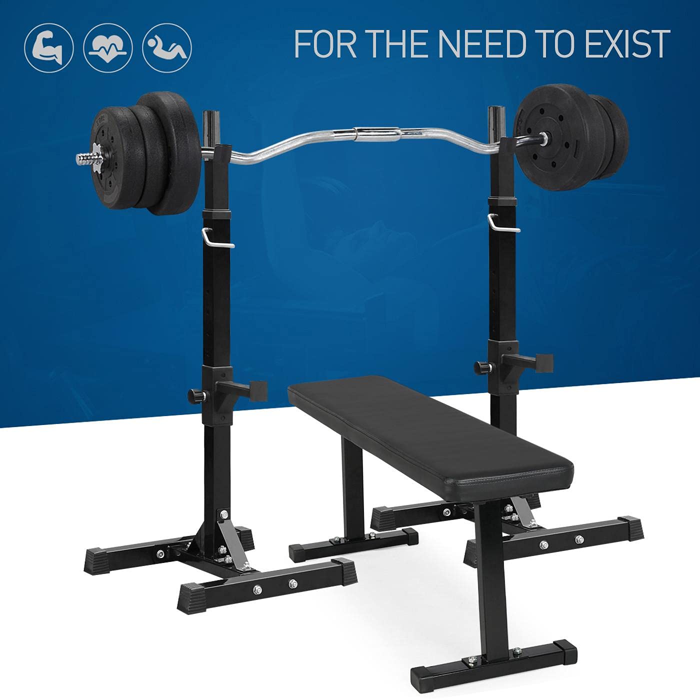 Black weight bench with barbell and weights on a blue background