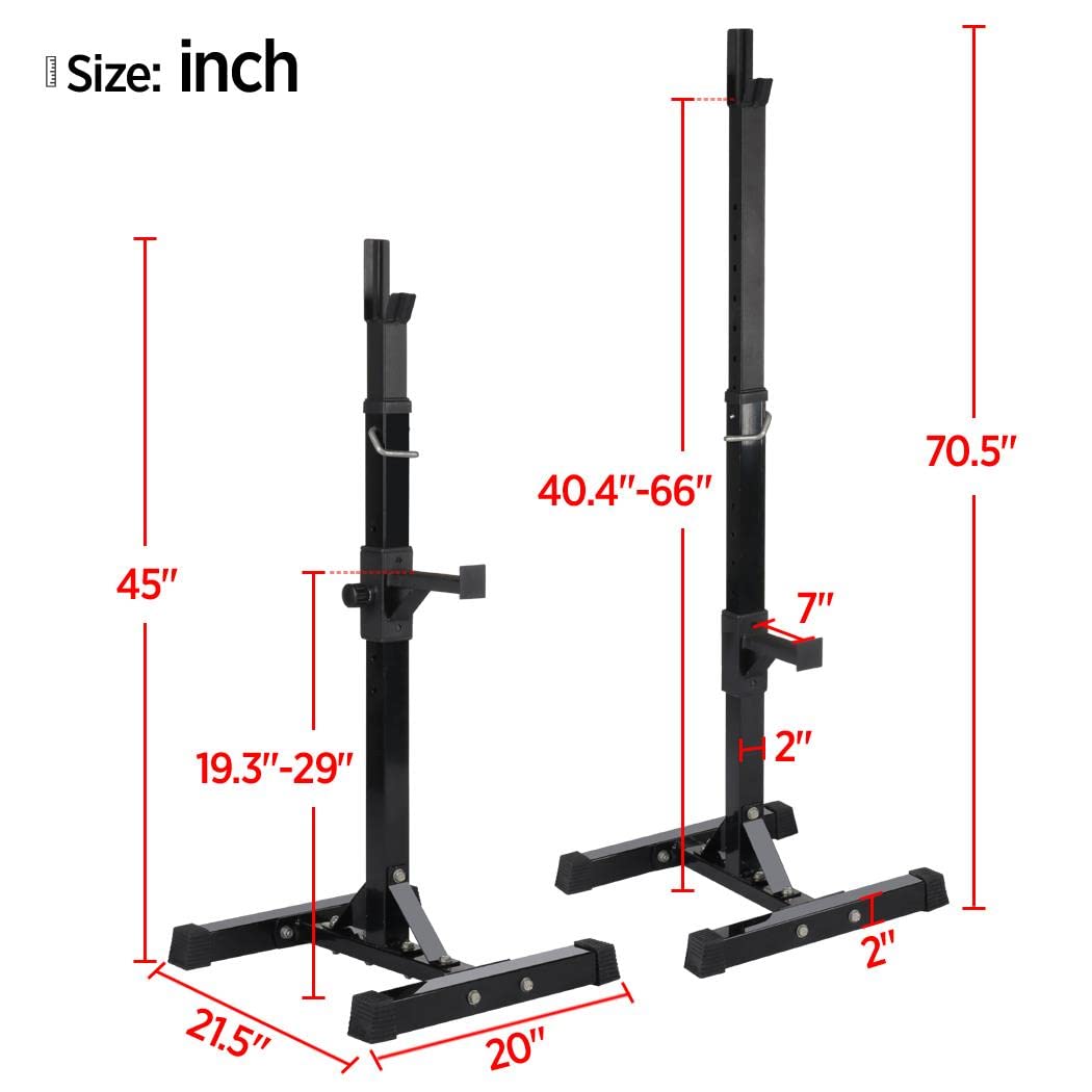 Measurement chart of a black squat rack with dimensions labeled in inches.