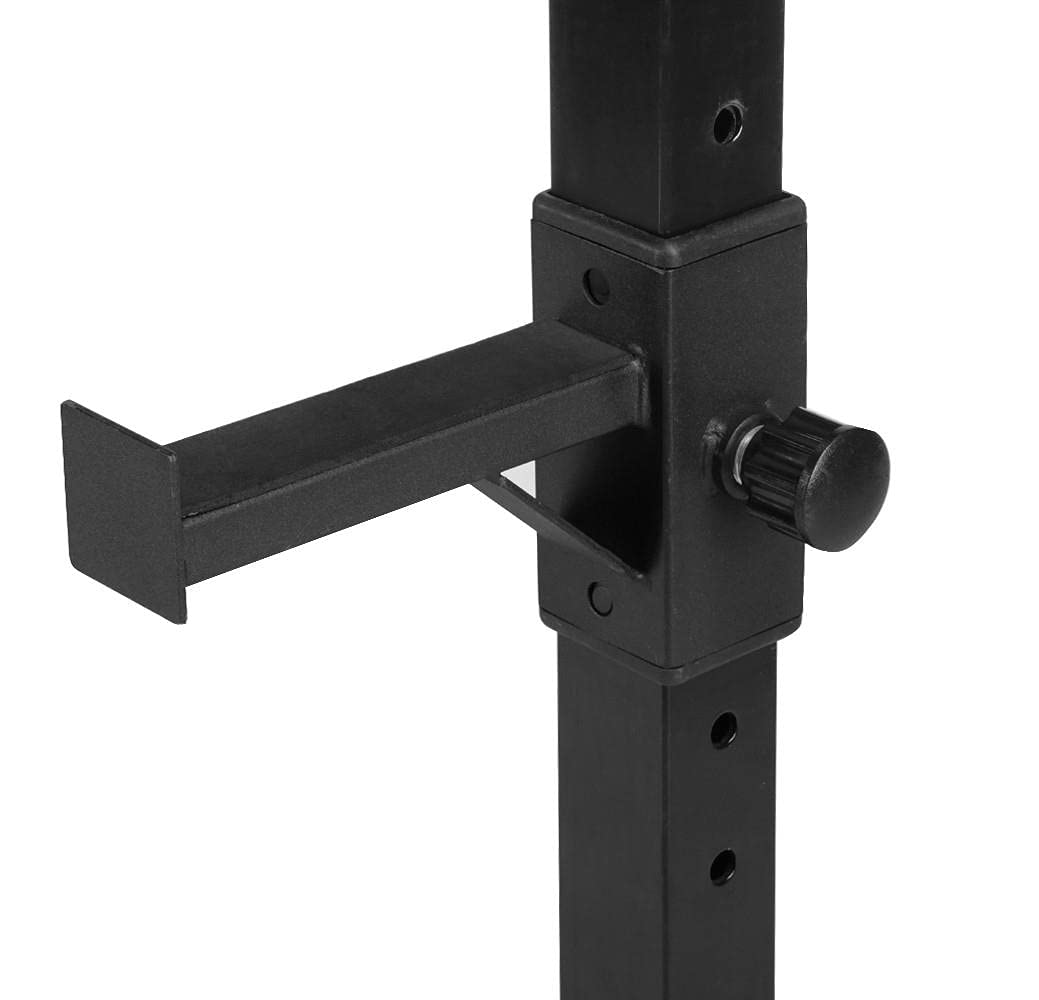 Black metal adjustable stand with arm on a white background